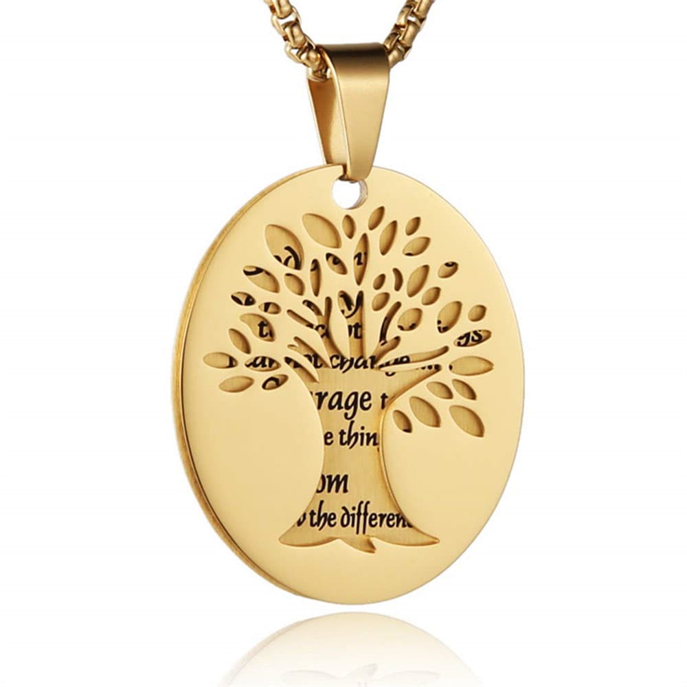 18K gold plated stainless steel Tree of Life Serenity Prayer oval pendant necklace with engraved prayer disc.