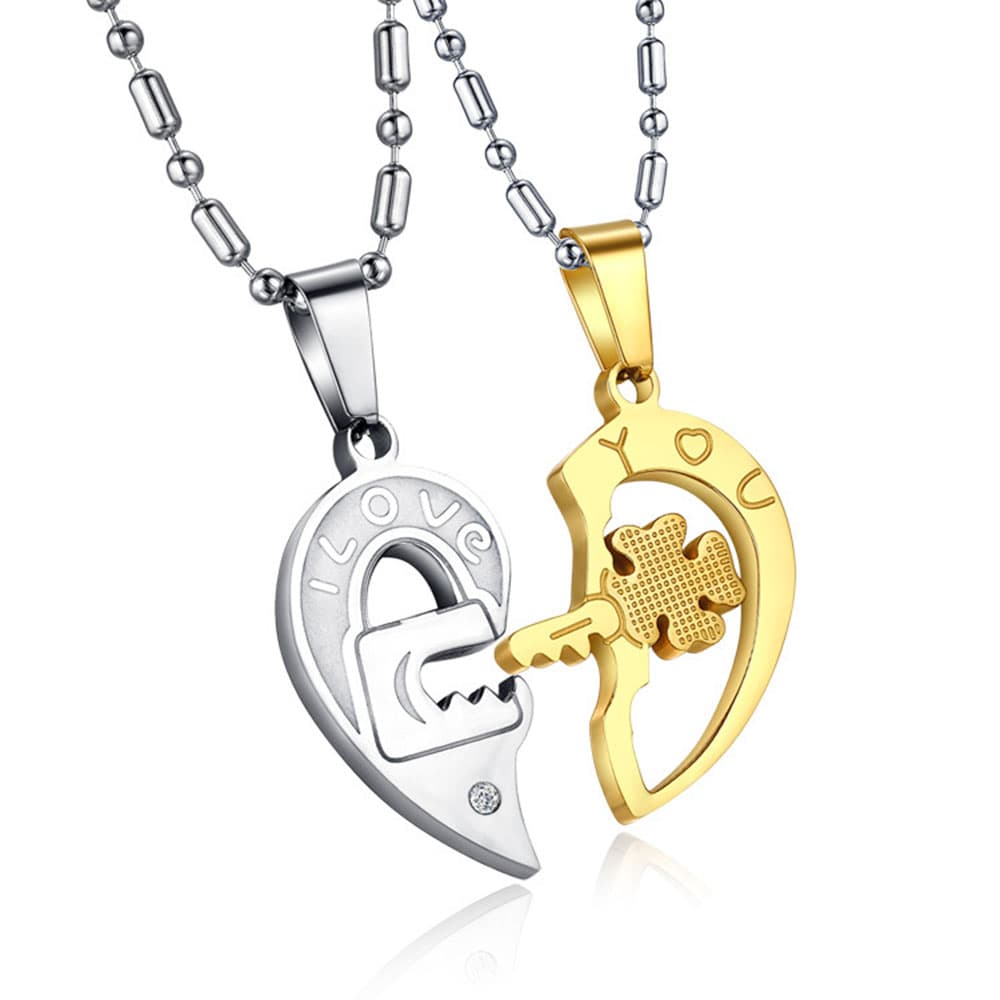 Gold and silver stainless steel lock and key matching heart puzzle pendant necklace set for couples with I Love You engraving.