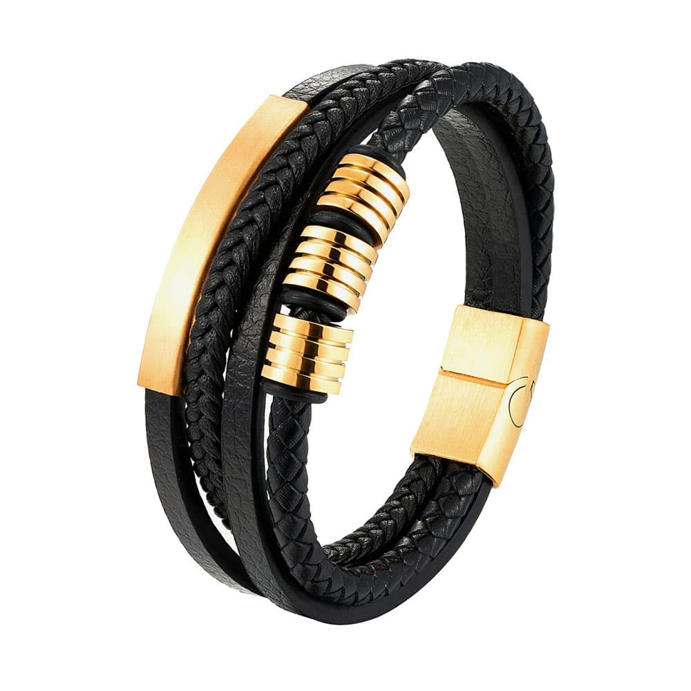 Luxury men's black genuine leather multi-strand bracelet featuring 18K gold-plated stainless steel charm beads, accent bar, and magnetic buckle.