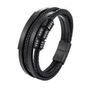 Luxury men's all-black layered genuine leather bracelet with black 316L stainless steel charm beads, curved bar, and magnetic clasp.