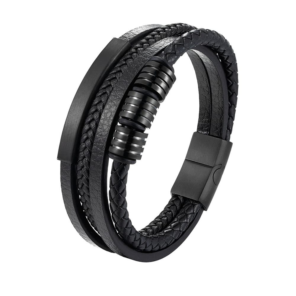 Luxury men's all-black layered genuine leather bracelet with black 316L stainless steel charm beads, curved bar, and magnetic clasp.