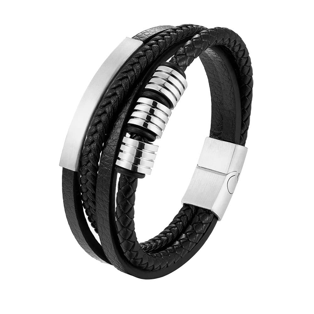 Luxury men's multi-layer black braided leather bracelet accented with brushed silver 316L stainless steel charm beads and magnetic lock.