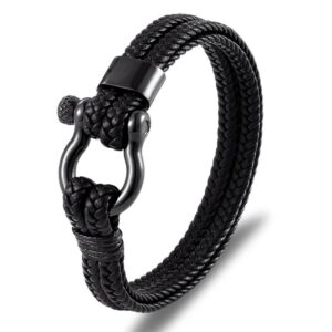Men's all-black stainless steel horseshoe shackle braided genuine leather bracelet with a screw pin closure.