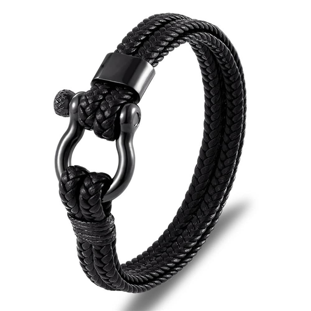 Men's all-black stainless steel horseshoe shackle braided genuine leather bracelet with a screw pin closure.