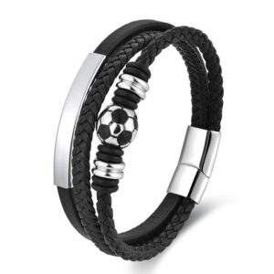 Men's black braided genuine leather multi-strand bracelet with 316L stainless steel football bead and engravable ID plate.