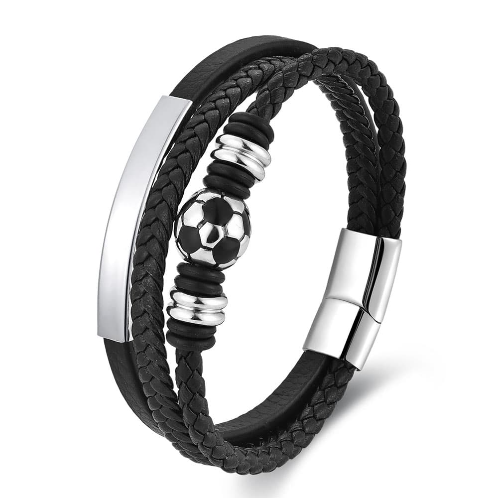 Men's black braided genuine leather multi-strand bracelet with 316L stainless steel football bead and engravable ID plate.