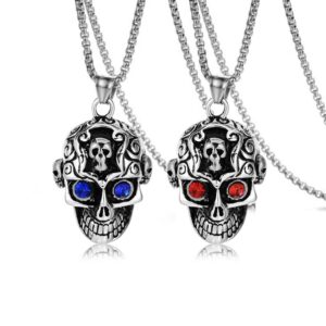 Men's gothic stainless steel 3D carved skull pendant necklaces with blue and red crystal eyes on silver box chains.
