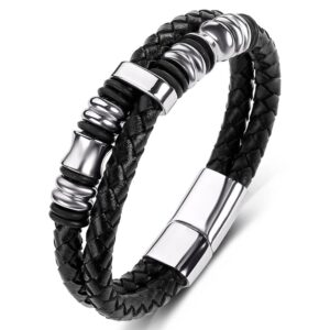 Men's punk black braided genuine leather bracelet with 316L stainless steel beads, black rubber spacers, and silver magnetic clasp.
