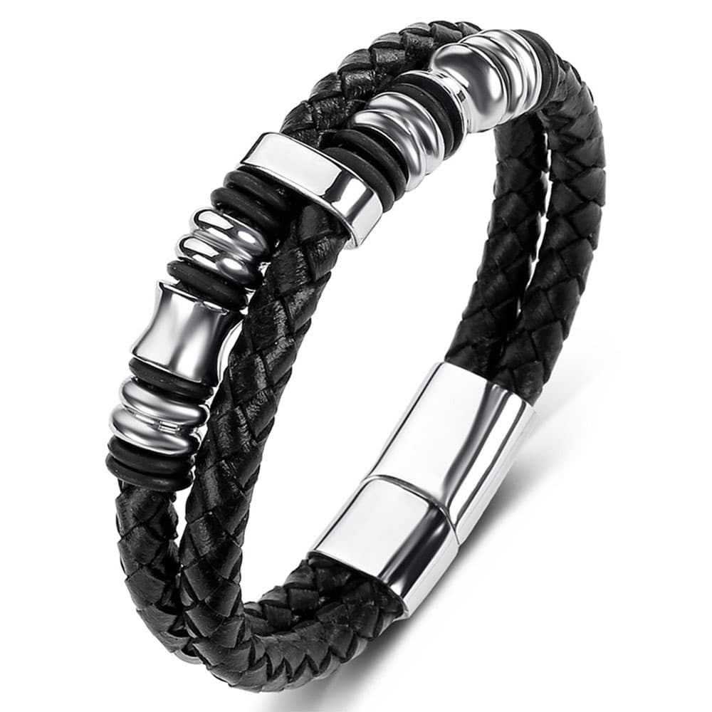 Men's punk black braided genuine leather bracelet with 316L stainless steel beads, black rubber spacers, and silver magnetic clasp.