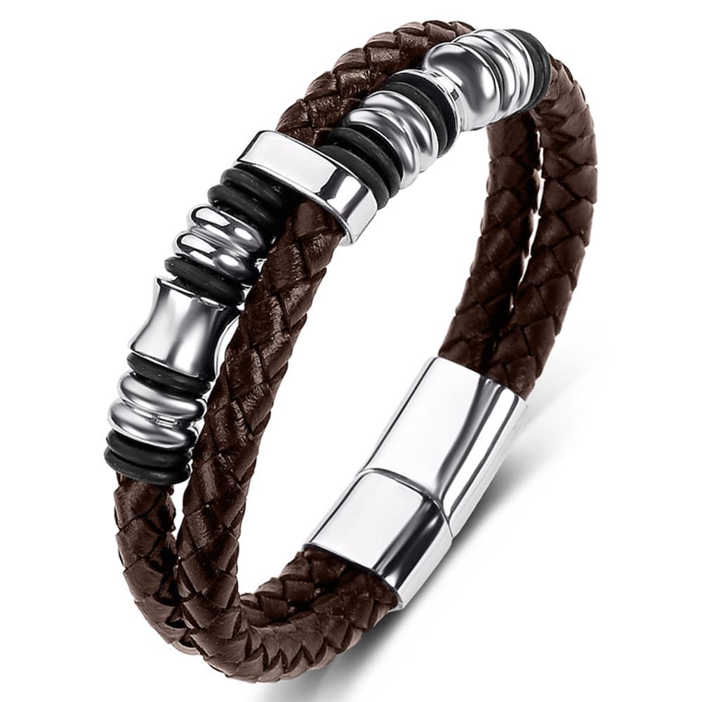 Men's vintage brown braided genuine leather wristband bracelet with silver stainless steel metal beads and magnetic buckle.
