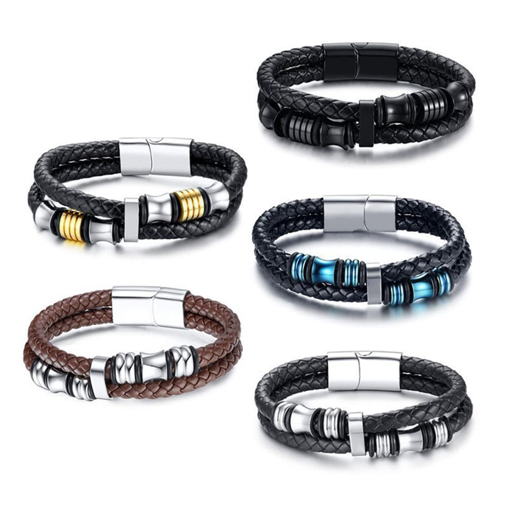 Collection of men's punk stainless steel beaded leather bracelets displayed in multiple colors including black, brown, gold, blue, and all-black.