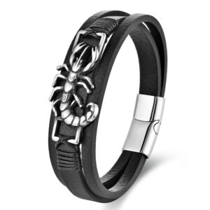 Men's punk black genuine leather bracelet featuring a 316L stainless steel scorpion charm and polished silver magnetic clasp.