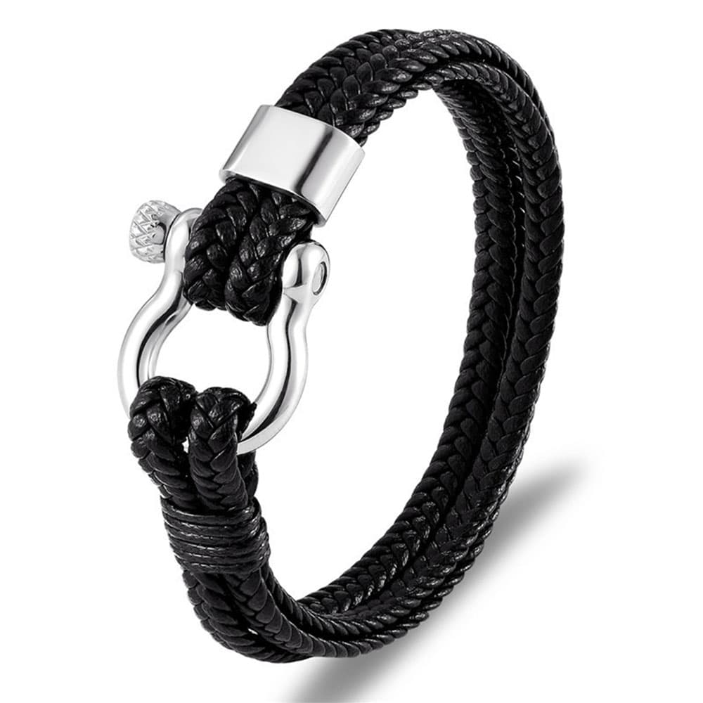Men's black braided genuine leather bracelet featuring a polished silver stainless steel horseshoe shackle clasp.