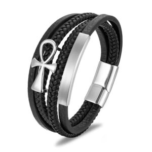 Men's multi-layer black genuine leather bracelet featuring a polished silver 316L stainless steel Ankh key of life cross charm, brushed ID bar, and magnetic clasp.