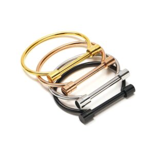 Minimalist stainless steel D shackle horseshoe screw lock cuff bangle bracelets in gold, rose gold, silver, and black with threaded screw pin closures.