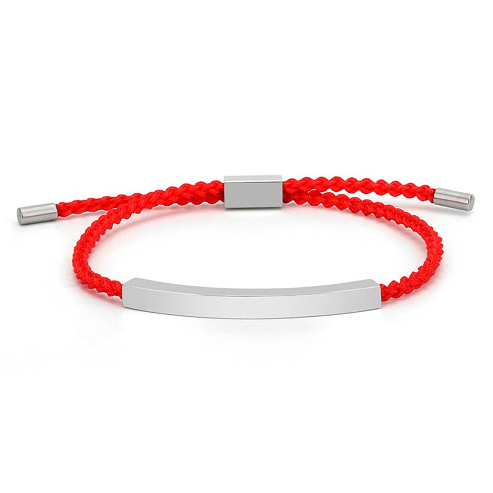 Personalized engravable silver stainless steel ID bar bracelet with vibrant red hand-braided adjustable rope cord.