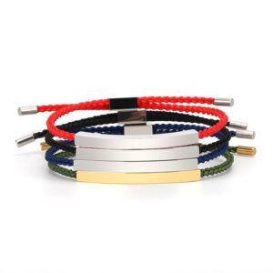 Stacked personalized engravable stainless steel tube braided rope friendship bracelets in red, black, navy blue, and army green cord options with silver and gold metal bars.