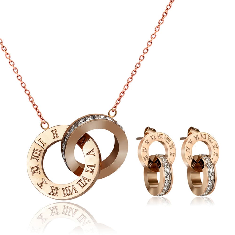 Women stainless steel rose gold Roman numerals interlocking circles necklace and matching drop stud earrings jewelry set with cubic zirconia.