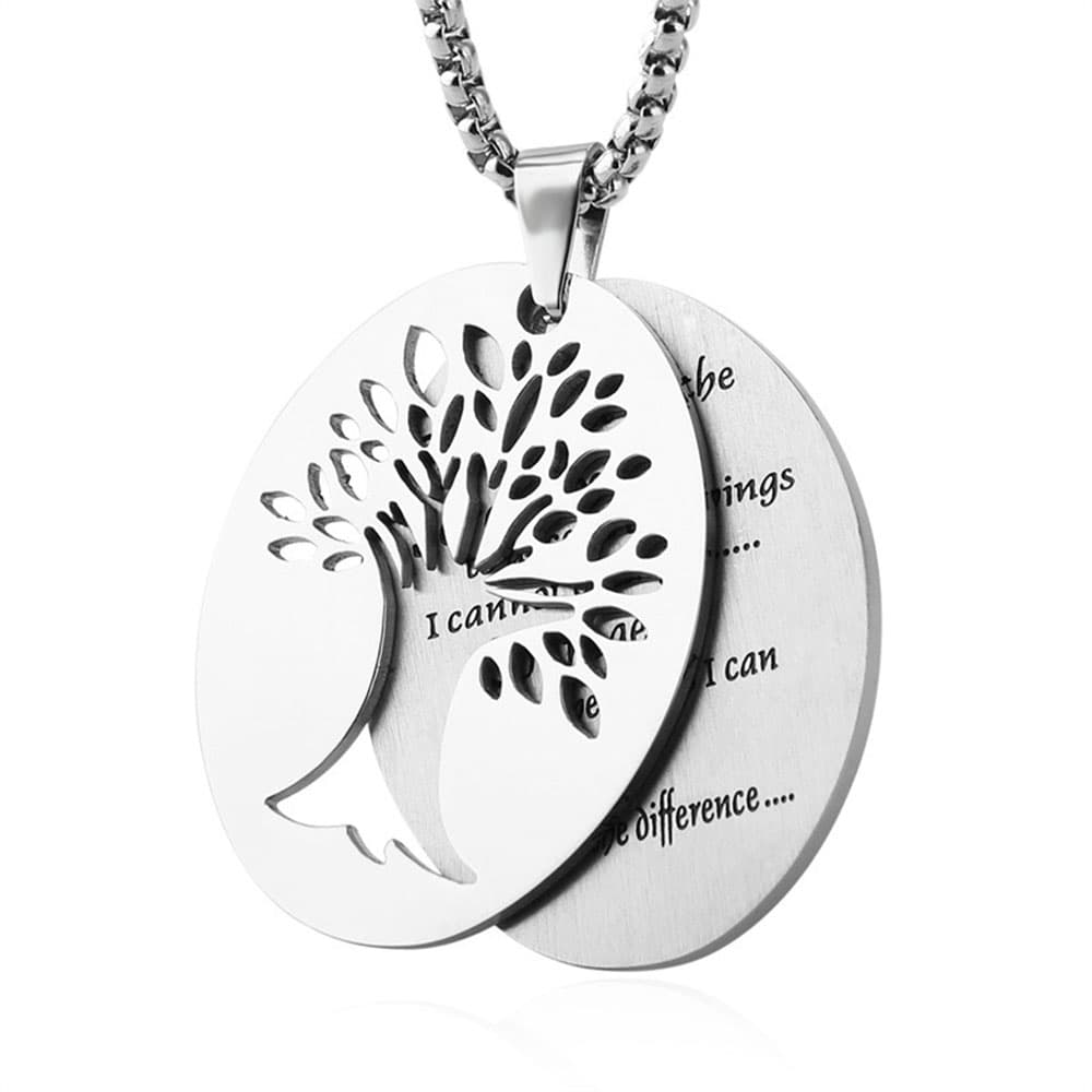 Two-layer silver stainless steel pendant showing pivot mechanism between Tree of Life top layer and laser-engraved Serenity Prayer bottom disc.