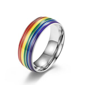 Silver stainless steel LGBT rainbow pride ring featuring colorful enamel stripes on a polished silver band.