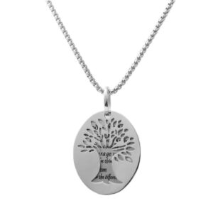 Silver stainless steel Tree of Life Serenity Prayer pendant necklace with cut-out tree design and engraved prayer back plate.