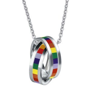 Stainless steel LGBT rainbow pride double rings pendant necklace with colorful enamel stripes on a silver chain.