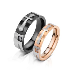 Stainless steel matching cross couple rings set in black and rose gold with brushed silver cross inlay and clear cubic zirconia stone.