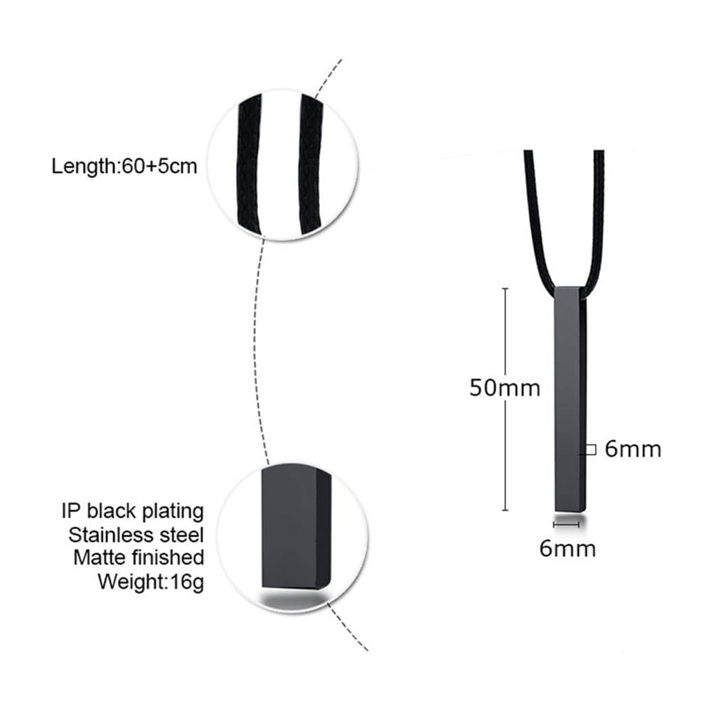 Dimension diagram for black stainless steel square pillar bar pendant necklace specifying 50mm height 6mm width 60+5cm cord and 16g weight.