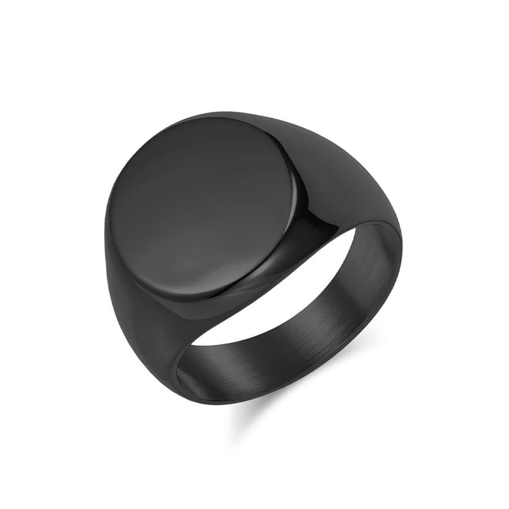 Black PVD plated stainless steel blank round signet ring with customizable top surface for laser etching.