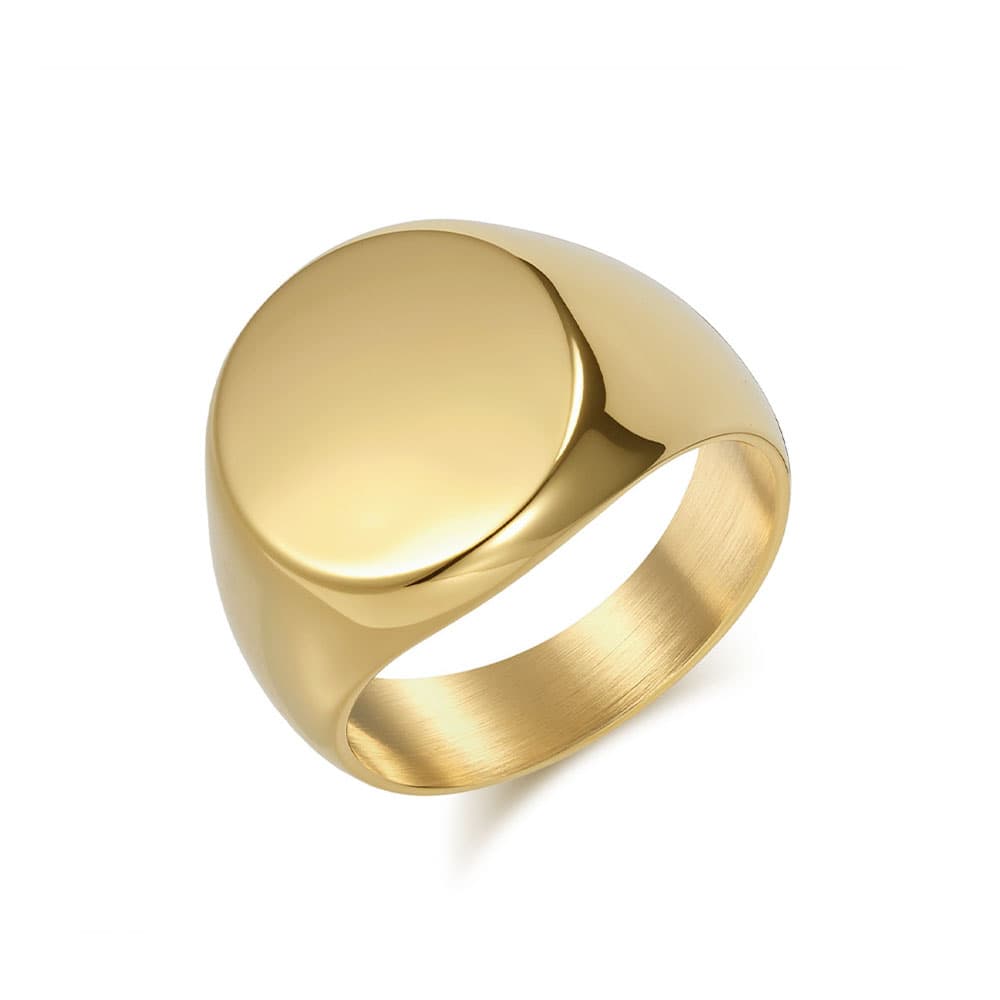 Personalized gold plated stainless steel round blank signet ring for men and women featuring smooth engravable top face.