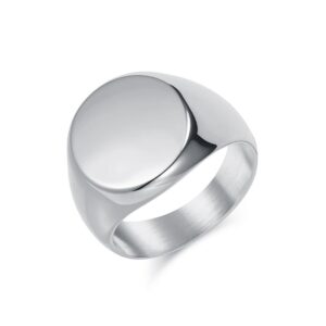 Unisex engravable blank silver stainless steel round signet ring with smooth polished circular face and brushed inner band.