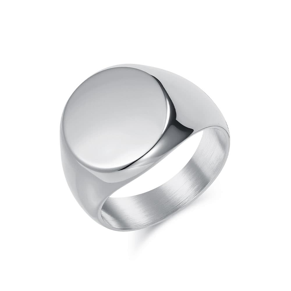 Unisex engravable blank silver stainless steel round signet ring with smooth polished circular face and brushed inner band.