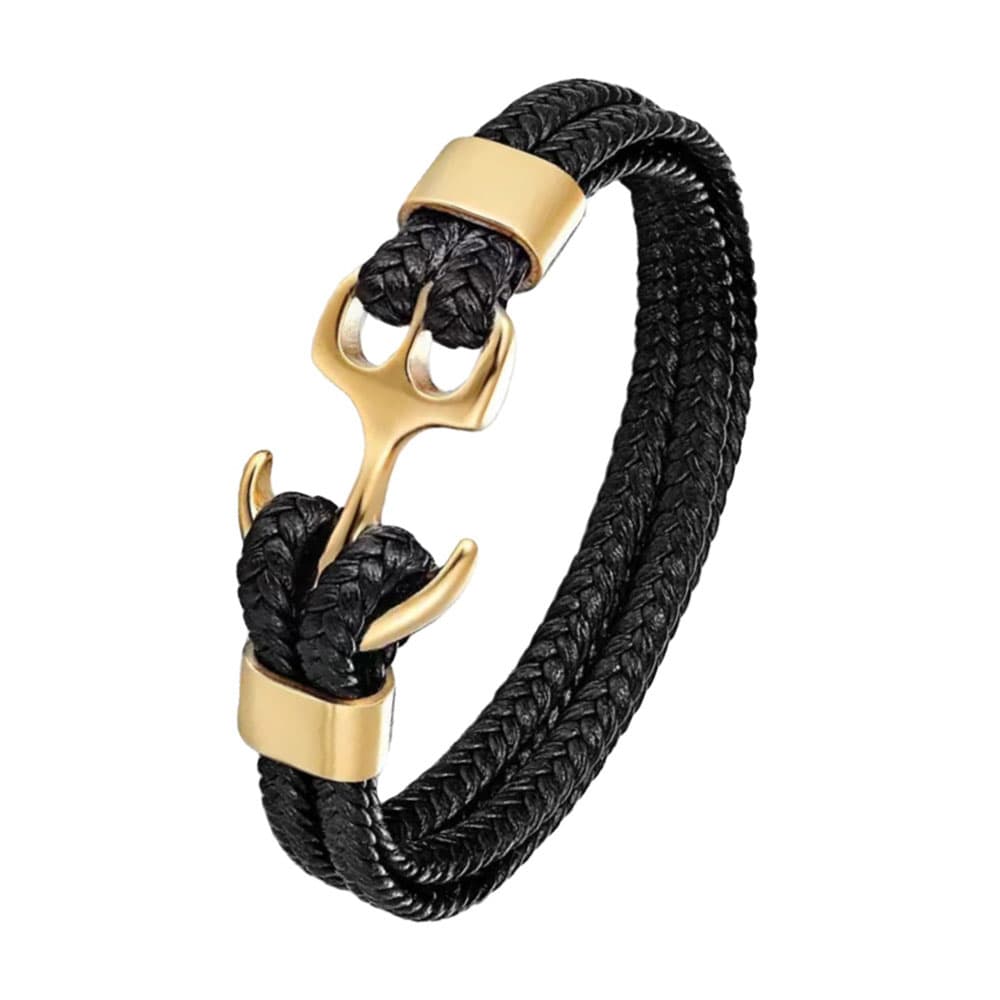 Unisex black braided genuine leather bracelet with an 18K gold-plated stainless steel anchor hook closure.