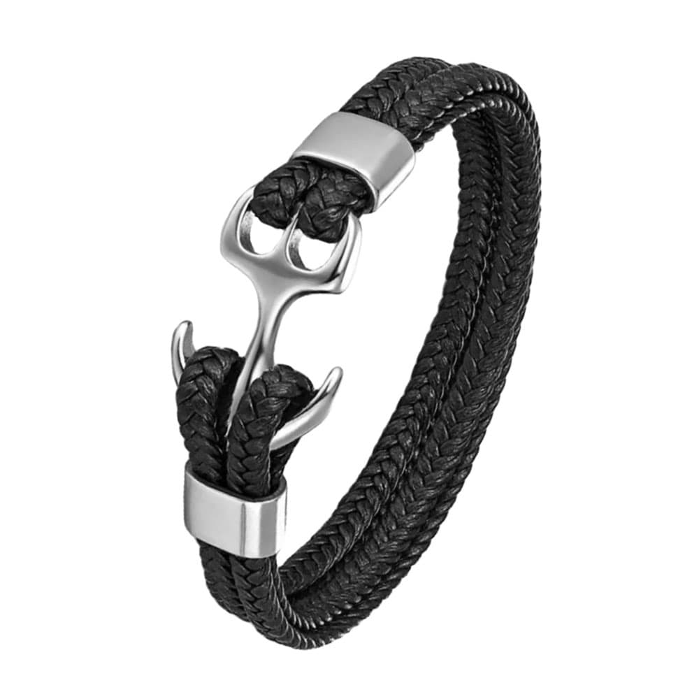 Unisex black braided genuine leather bracelet featuring a polished silver 316L stainless steel anchor hook closure.