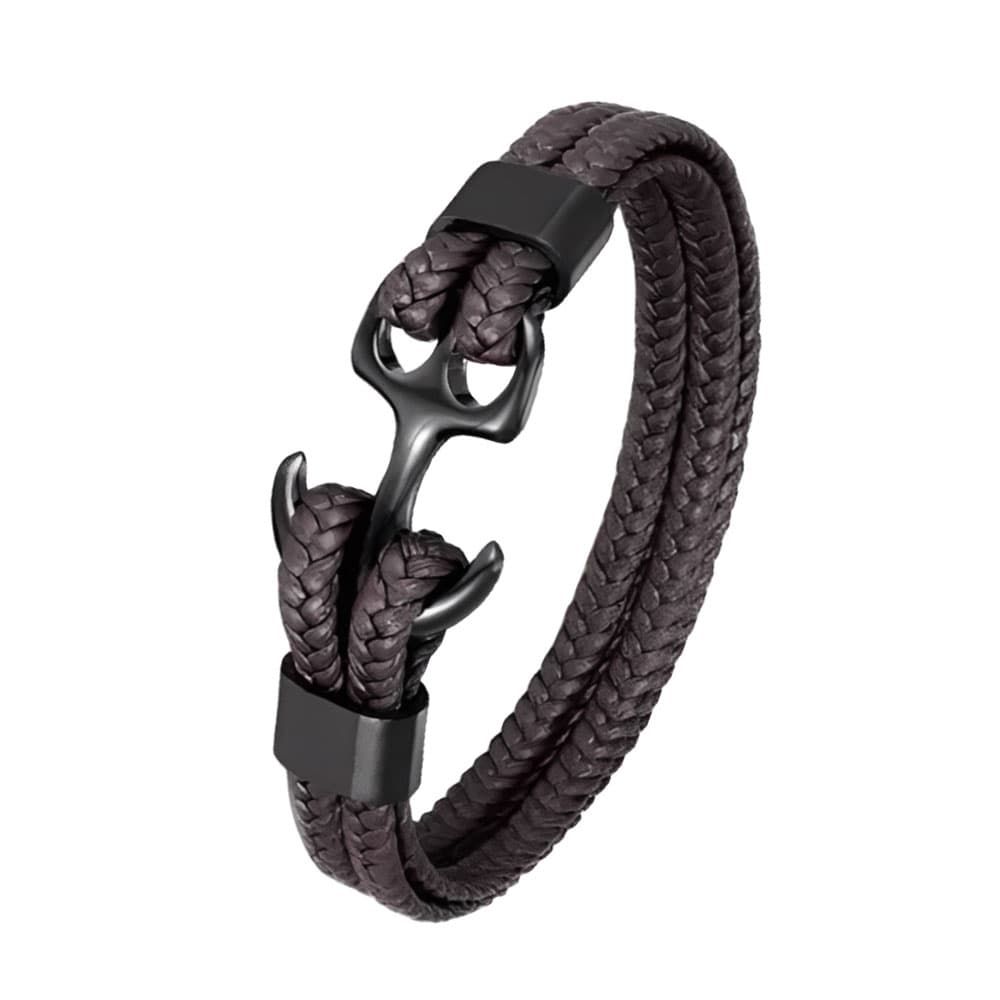 Unisex dark brown braided genuine leather bracelet with a matte black stainless steel anchor hook clasp.