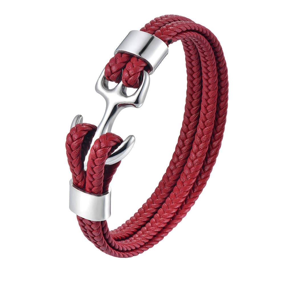 Unisex vibrant red braided genuine leather bracelet accented with a silver 316L stainless steel anchor clasp.