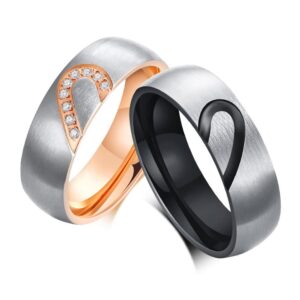 Stainless steel matching heart couple rings set featuring rose gold pave cubic zirconia half heart and black half heart on brushed silver bands.